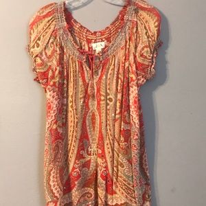 Colorful blouse, comfortable, dressy.